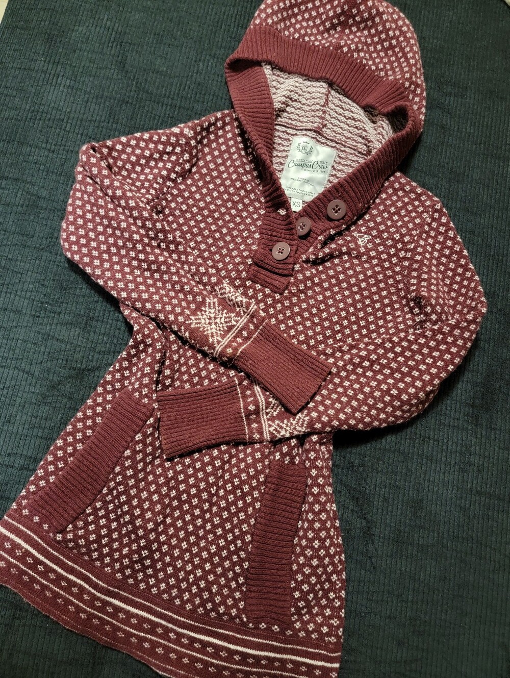Campus Crew Hooded Maroon Burgundy Knit Sweater Cotton Angora Blend